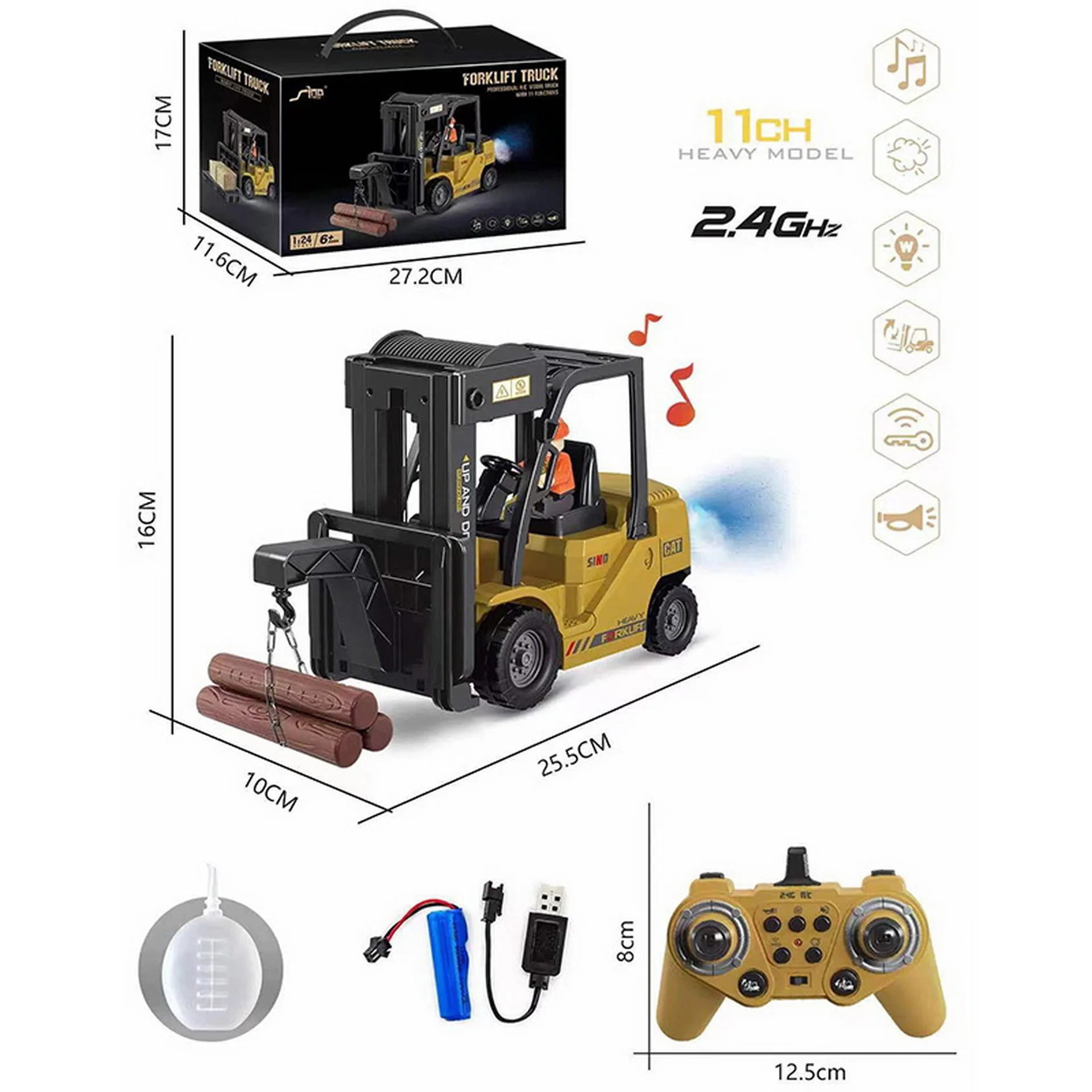 🚧 RC Forklift & Crane Truck – 11CH Remote Control Engineering Vehicle with Mist Spray, Lights & Sound (1:24 Scale) - Zoomed Image 8