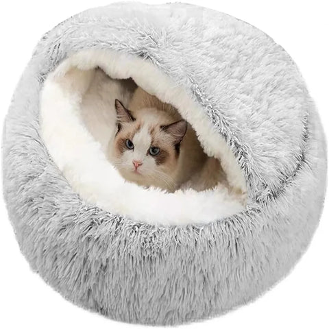 2-in-1 Plush Donut Pet Bed for Cats & Small Dogs – Warm Nest House with Hooded Cover - Image 2