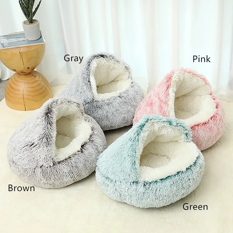 2-in-1 Plush Donut Pet Bed for Cats & Small Dogs – Warm Nest House with Hooded Cover - Zoomed Image 3