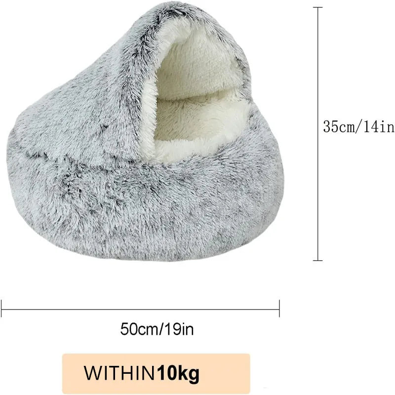 2-in-1 Plush Donut Pet Bed for Cats & Small Dogs – Warm Nest House with Hooded Cover - Zoomed Image 5