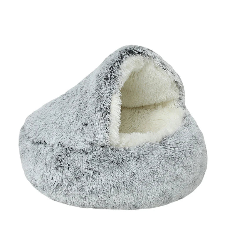 2-in-1 Plush Donut Pet Bed for Cats & Small Dogs – Warm Nest House with Hooded Cover - Zoomed Image 10