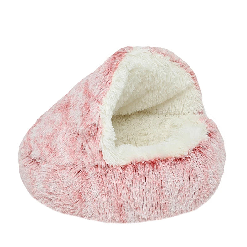 2-in-1 Plush Donut Pet Bed for Cats & Small Dogs – Warm Nest House with Hooded Cover - Zoomed Image 1