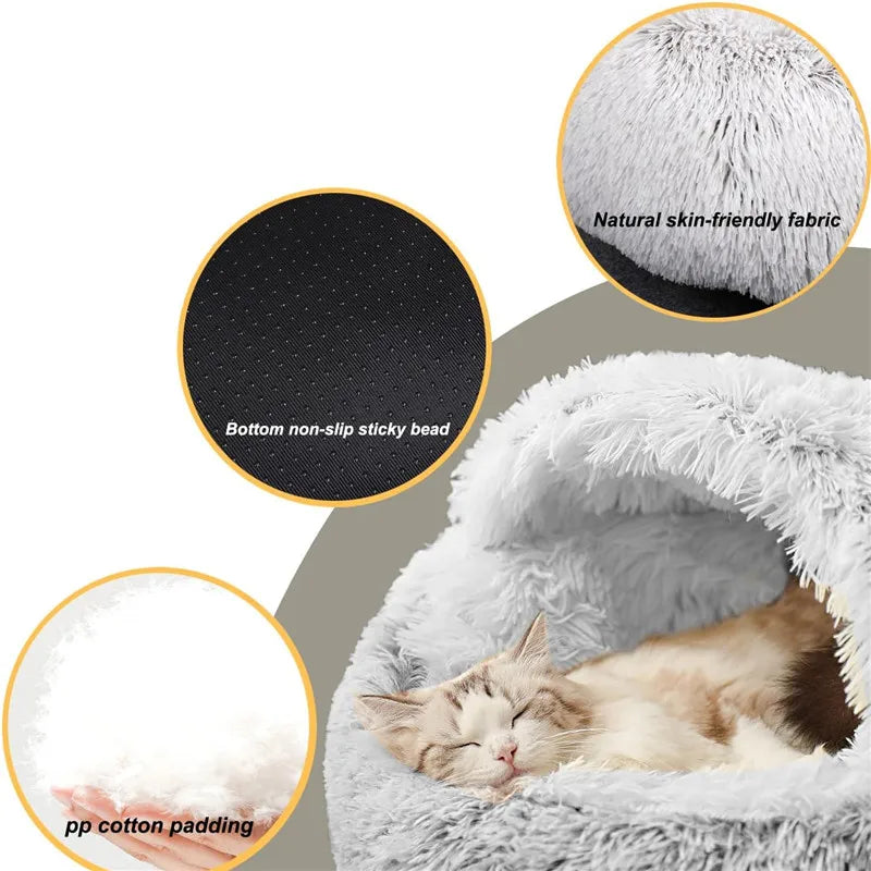 2-in-1 Plush Donut Pet Bed for Cats & Small Dogs – Warm Nest House with Hooded Cover - Zoomed Image 7