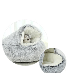 2-in-1 Plush Donut Pet Bed for Cats & Small Dogs – Warm Nest House with Hooded Cover - Thumbnail 6